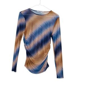 Primark Cares Crew Neck Ruched Stretch Long Sleeve Blue Brown Blouse Small